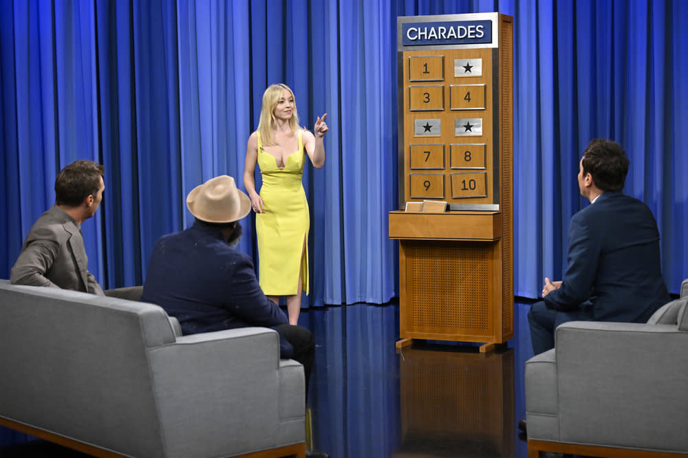 Sydney Sweeney playing charades with Jimmy Fallon on Tuesday, May 3, 2022. - Credit: Todd Owyoung/NBC