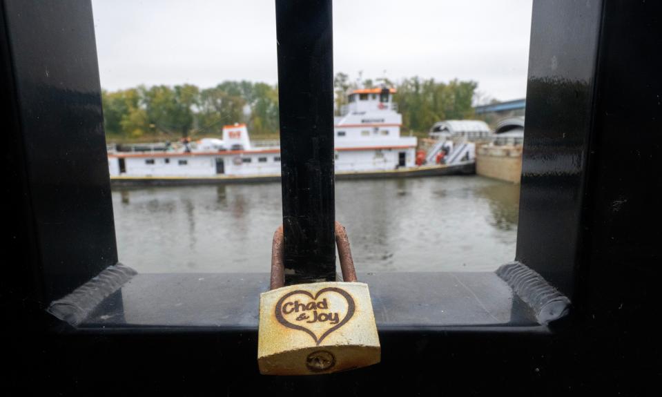 A padlock attached by lovers to an overlook on the Mississippi River is shown Oct. 19 in Marquette, Iowa. Approximately 70 million people live within the river basin, which drains 42% of the continental U.S.