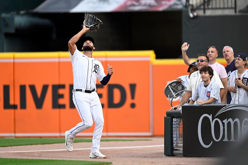 Detroit Tigers right fielder Riley Greene prepares to make a catch against the Chicago Cubs in the fifth inning at Comerica Park in Detroit on Wednesday, Aug. 23, 2023.