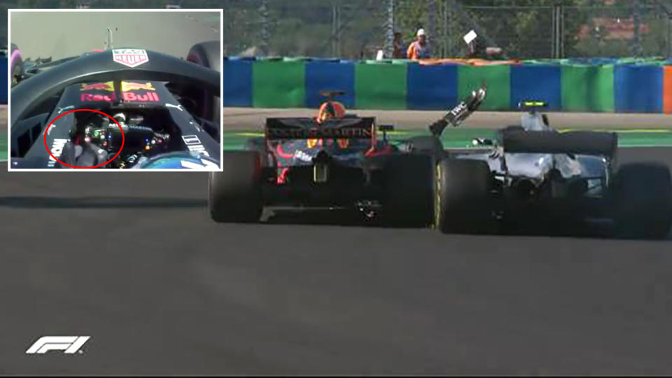 Ricciardo appeared to flip Bottas the bird. Image: F1