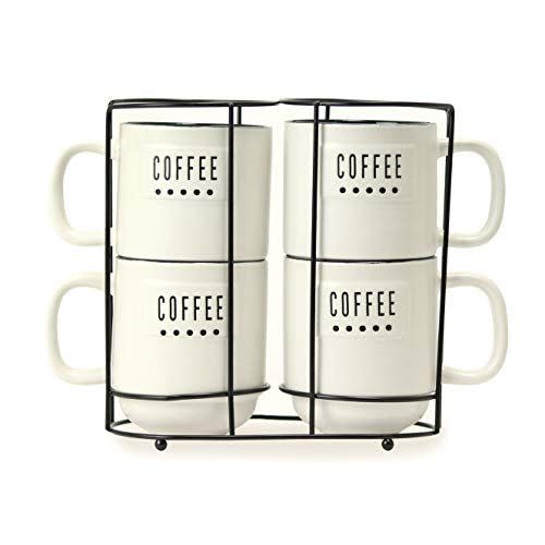 4) Stackable 14-Ounce Stoneware Mugs With Metal Rack (Set of 4)