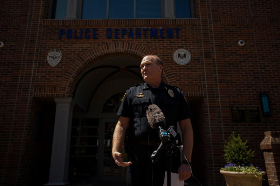 Columbia Police Department Captain Jeremy Haywood leads a press conference providing additional details on the suspected murder of Katrina Gaines, 51, and Christopher Gaines, 56,  from the steps of the Columbia Police Department in Columbia, Tenn., on Tuesday, April 19, 2022.