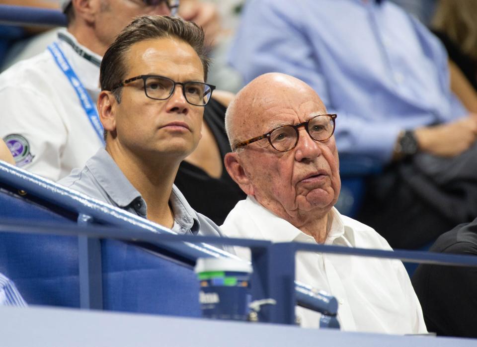 Fox News owners Lachlan Murdoch and Rupert Murdoch on Sept. 5, 2018, in New York City. <a href="https://www.gettyimages.com/detail/news-photo/lachlan-murdoch-and-rupert-murdoch-at-day-10-of-the-us-open-news-photo/1031795884?adppopup=true" rel="nofollow noopener" target="_blank" data-ylk="slk:Adrian Edwards/GC Images/Getty Images;elm:context_link;itc:0;sec:content-canvas" class="link ">Adrian Edwards/GC Images/Getty Images</a>