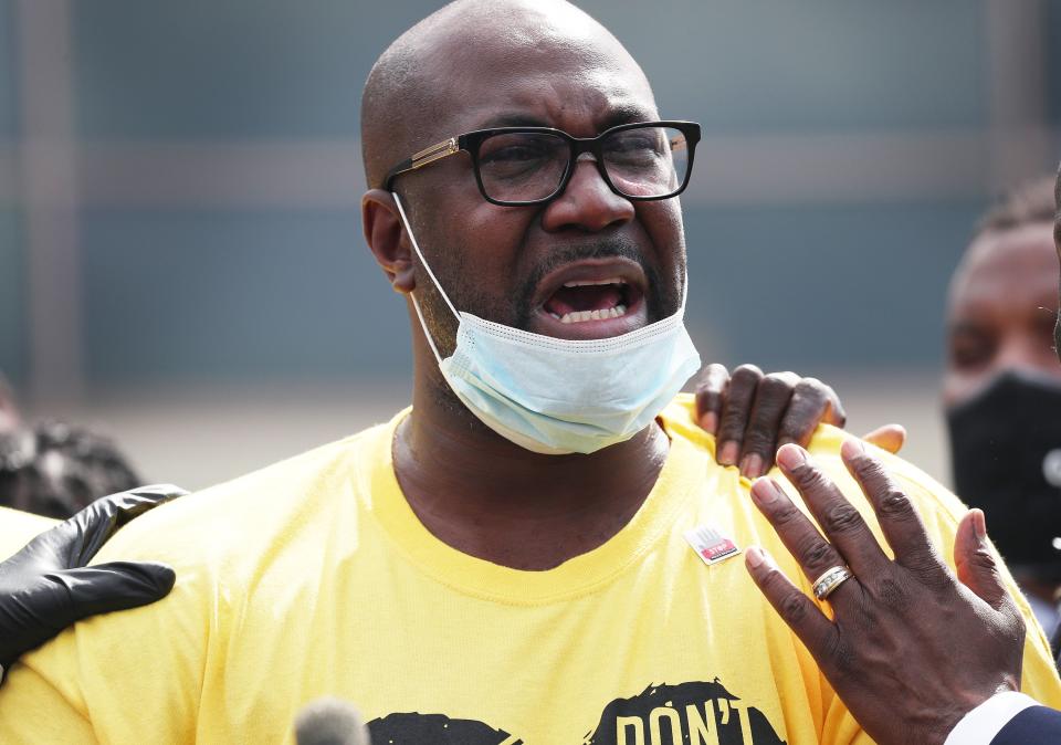 <p>Philonise Floyd is overcome with emotion while speaking to the media in front of the Fountain of Praise church where is brother George Floyd was laying at rest on June 8, 2020 in Houston, Texas</p> (Photo by Joe Raedle/Getty Images)