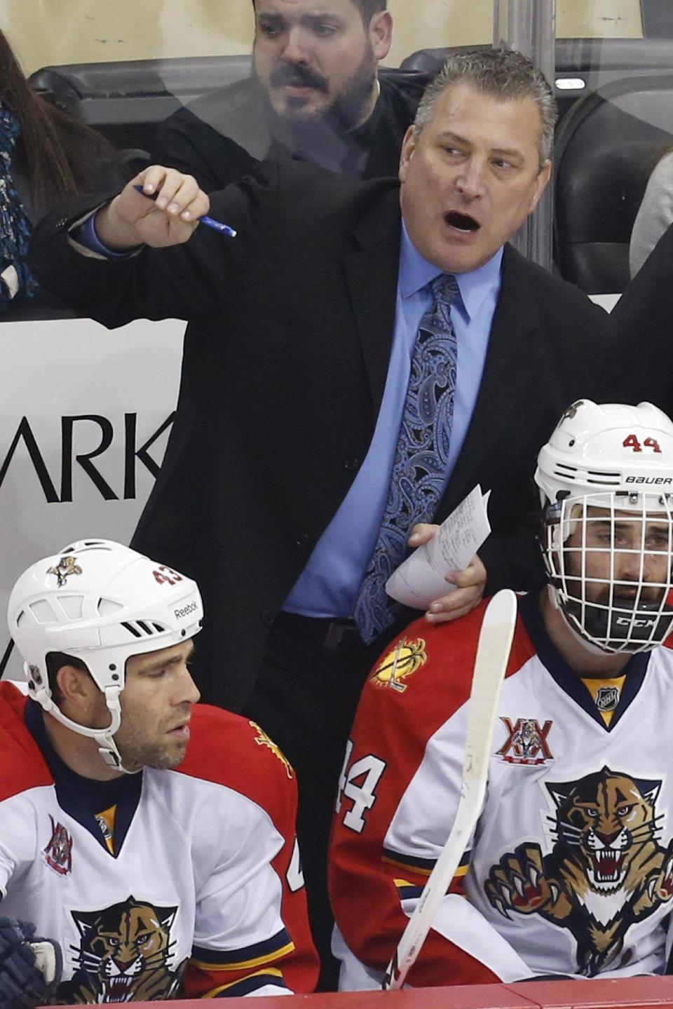 FILE - In this Jan. 20, 2014, file photo, Florida Panthers head coach Peter Horachek gives instructions during an NHL hockey game between the Pittsburgh Penguins and the Panthers in Pittsburgh. The Panthers have parted ways with Horachek, said Panthers general manager Dale Tallon, Tuesday, April 29, 2014, saying the dismissal was effective immediately. (AP Photo/Gene J. Puskar, File)