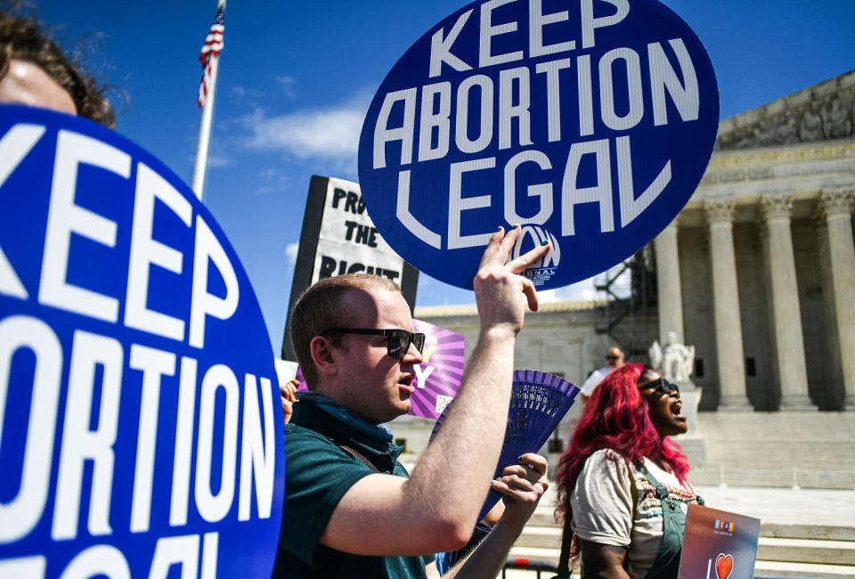 Activists gather at the Supreme Court on April 15, 2023, to protest increasing restrictions on access to abortion and abortion pills.  (Astrid Riecken For The Washington Post via Getty Images file)
