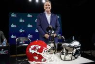 NFL Commissioner Roger Goodell poses for a photo after a news conference ahead of the Super Bowl 57 football game, Wednesday, Feb. 8, 2023, in Phoenix. The Kansas City Chiefs will play the Philadelphia Eagles on Sunday. (AP Photo/Mike Stewart)