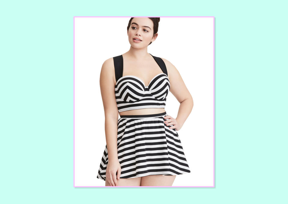 <p><a rel="nofollow noopener" href="http://www.torrid.com/product/striped-halter-bikini-top/10733323.html?cgid=swim-all#cm_sp=Homepage-_-Feature-_-Swim_LoveTheSwim&start=92" target="_blank" data-ylk="slk:Halter top;elm:context_link;itc:0;sec:content-canvas" class="link ">Halter top</a>, $68.90, and <a rel="nofollow noopener" href="http://www.torrid.com/product/striped-skater-skirt-swim-bottom/10490157.html" target="_blank" data-ylk="slk:skater skirt bottom;elm:context_link;itc:0;sec:content-canvas" class="link ">skater skirt bottom</a>, $48.90; Torrid. </p>