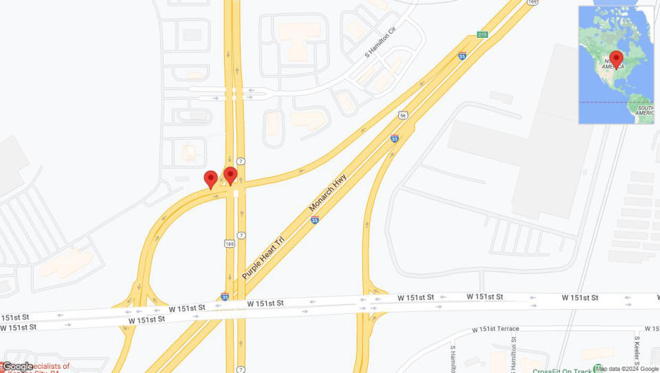 Un mapa detallado que muestra la carretera afectada debido al cierre de South Harrison Street en Olathe el 17 de junio a las 6:20 p.m.