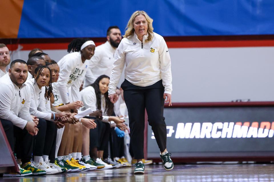 BLACKSBURG, VIRGINIA - MARCH 22: Head coach Nicki Collen of the Baylor Bears in the first half during a game against the Vanderbilt Commodores during the first round of the NCAA Women's Basketball Tournament at Cassell Coliseum on March 22, 2024 in Blacksburg, Virginia. (Photo by Ryan Hunt/Getty Images)