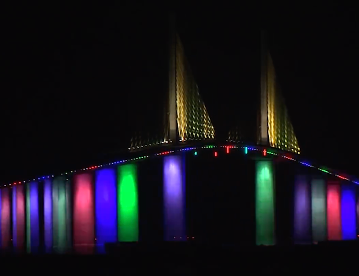 Florida’s Skyway bridge lit up in rainbow colors in previous years. Governor Ron DeSantis has banned this year’s display (Fox13)