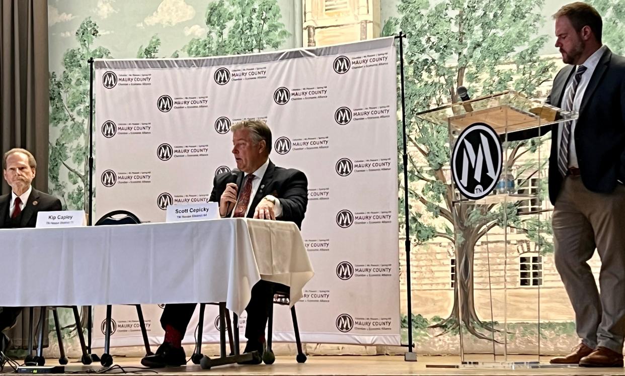 Rep. Scott Cepicky (center) speaks to the audience at the annual State Eggs & Issues breakfast at The Memorial Building on Friday, Feb. 23, 2024, which addressed state issues regarding growth, taxes, education and this year's General Assembly.