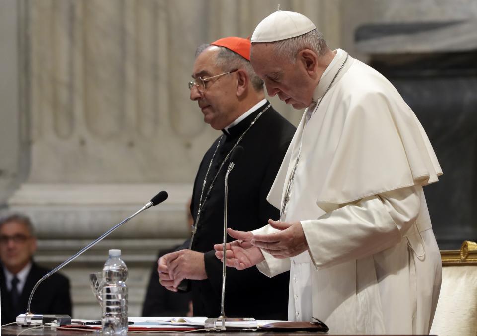 Pope Francis prays as he attends a meeting with the dioceses of Rome, at the Vatican Basilica of St. John Lateran, in Rome, Thursday, May 9, 2019. (AP Photo/Alessandra Tarantino)