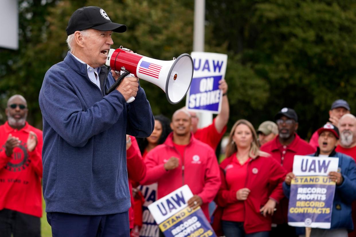 President Joe Biden joins striking United Auto Workers on the picket line, in Van Buren Township, Mich. (