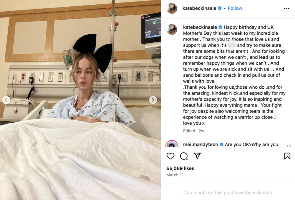 Fans grow concerned for actress Kate Beckinsale after she shares more pictures of herself in the hospital Screengrab from Kate Beckinsale's Instagram page