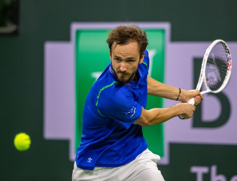 Daniil Medvedev of Russia hits to Brandon Nakashima of the United States during their second-round match at the BNP Paribas Open at the Indian Wells Tennis Garden in Indian Wells, Calif., Friday, March 10, 2023. 