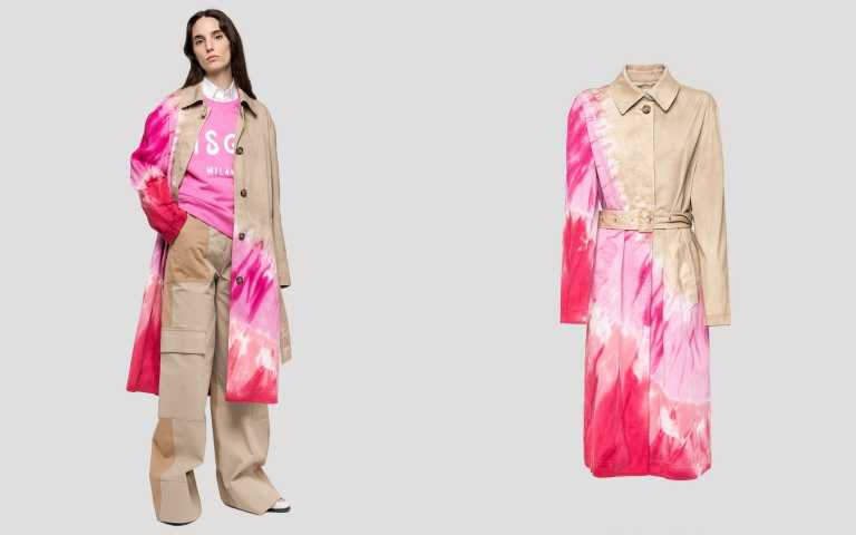 以紮染的方式為經典的風衣創造出對比感。MSGM Trench Coat in Tie Dye Gabardine 風衣／約38,250元（圖／品牌提供）