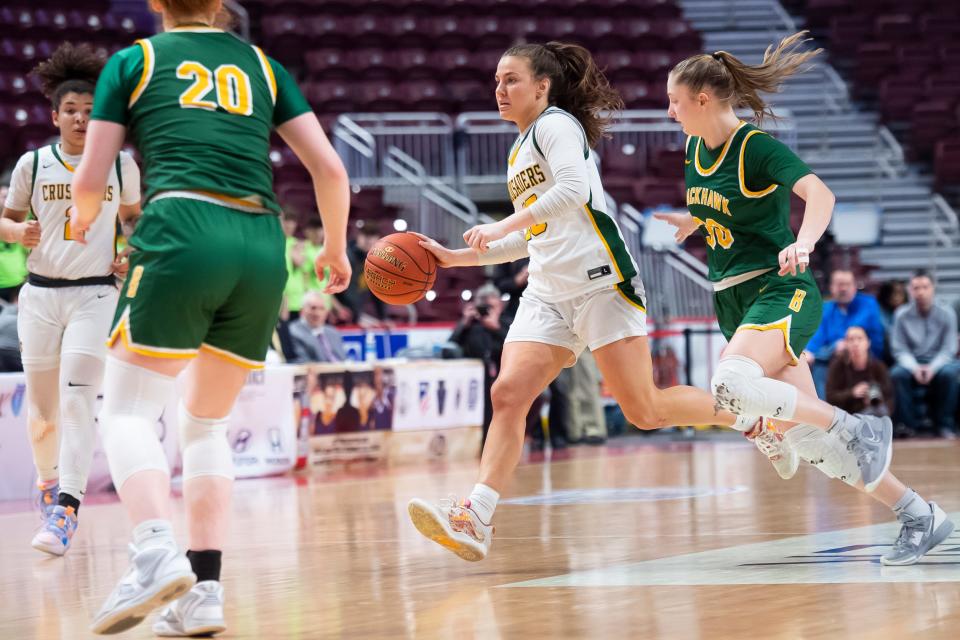 Lansdale Catholic's Gabby Casey dribble down court during the PIAA Class 4A Girls' Basketball Championship against Blackhawk at the Giant Center on March 25, 2023, in Hershey. The Crusaders won, 53-45.