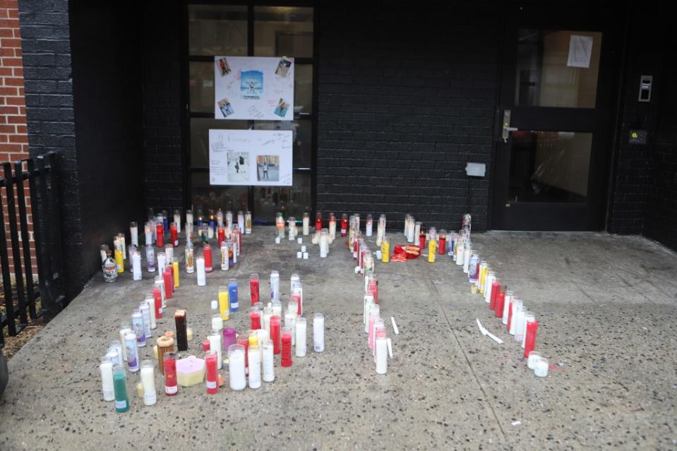 The memorial outside the slain teen’s building, where a neighbor said his mother was “too distraught to talk.” Michael Dalton for NY Post