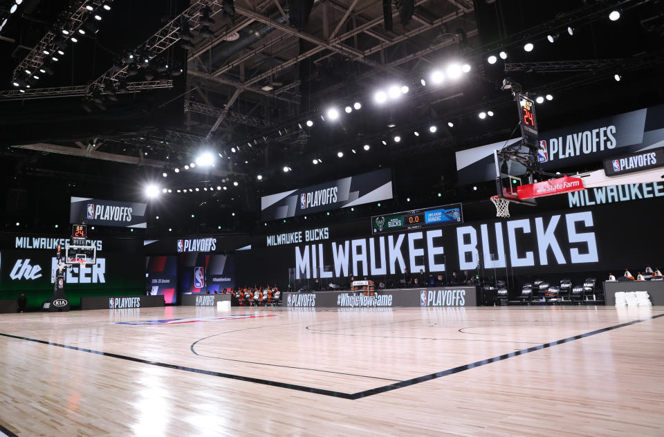 ORLANDO, FL - AUGUST 26: Wide angle view of the arena before the game against the Milwaukee Bucks and the Orlando Magic during Round One, Game Five of the NBA Playoffs on August 26, 2020. Bucks players chose to sit out the game in protest. (Photo by Joe Murphy/NBAE via Getty Images)