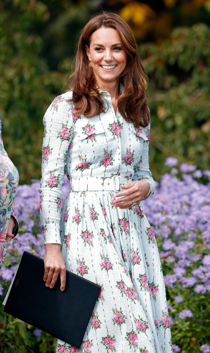 kate middleton in long sleeve blue mini dress with pink flowers, The Duchess of Cambridge at the 