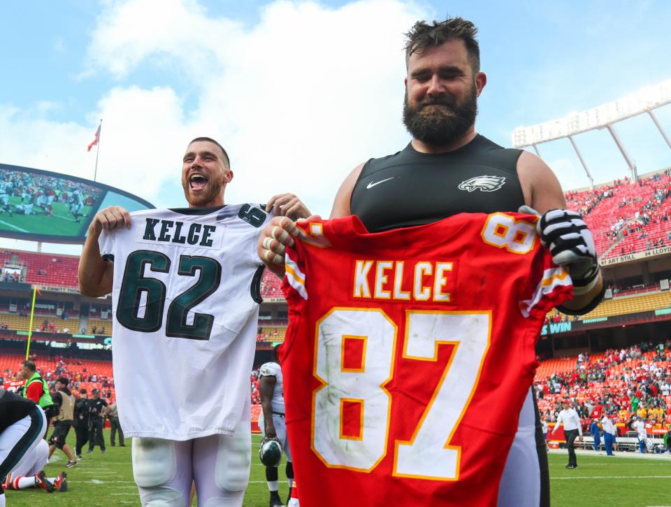 Chiefs TE Travis Kelce, left, and Eagles C Jason Kelce are among the greats to wear their respective jersey numbers.