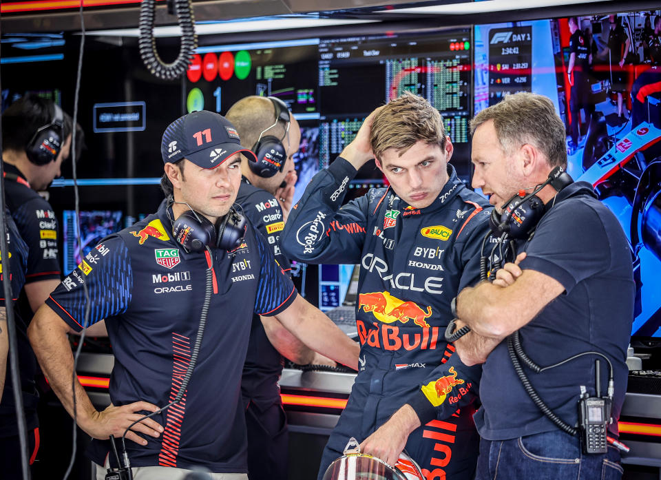 Red Bull's Max Verstappen speaks to the crew before a test drive at Bahrain International Circuit on Feb. 23, 2023. (Ayman Yaqoob / Anadolu Agency via Getty Images)