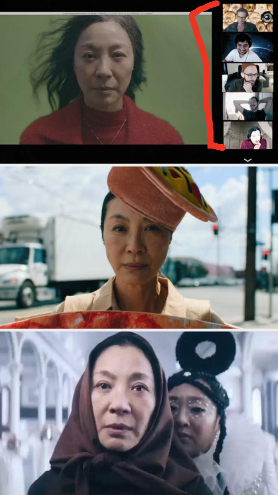 Michelle Yeoh and visual effects editors in "Everything Everywhere All at Once"