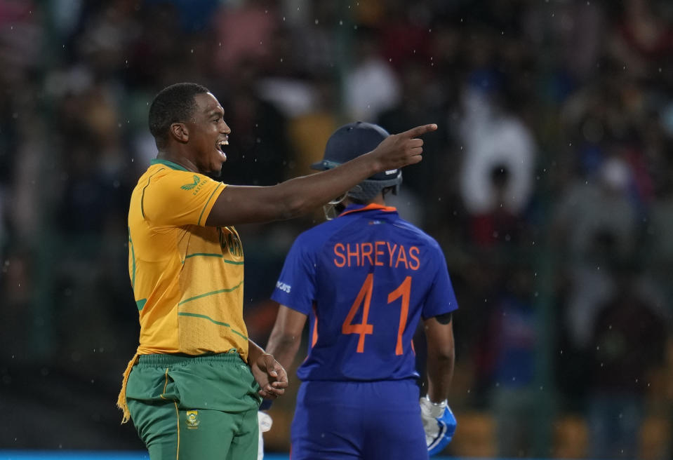 South Africa's Lungi Ngidi, celebrates the wicket of India's Ruturaj Gaikwad during the fifth Twenty20 cricket match between India and South Africa, in Bengaluru, Sunday, June 19, 2022. (AP Photo/Aijaz Rahi)