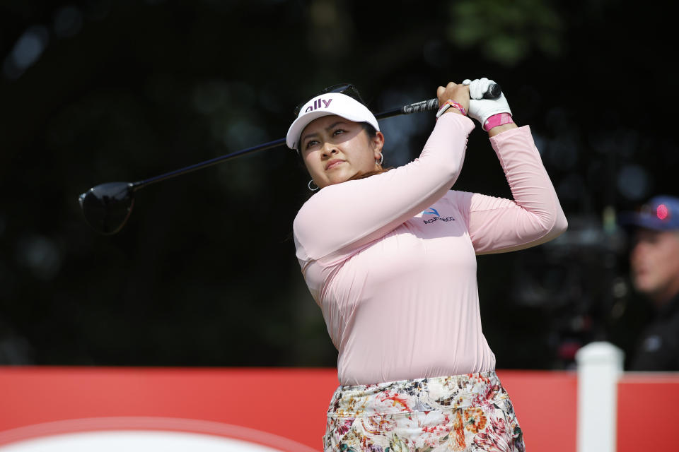 Lilia Vu watches her tee shot on the fourth hole during a playoff in the final round of the Meijer LPGA Classic golf tournament, Sunday, June 16, 2024, in Belmont, Mich. (AP Photo/Al Goldis)