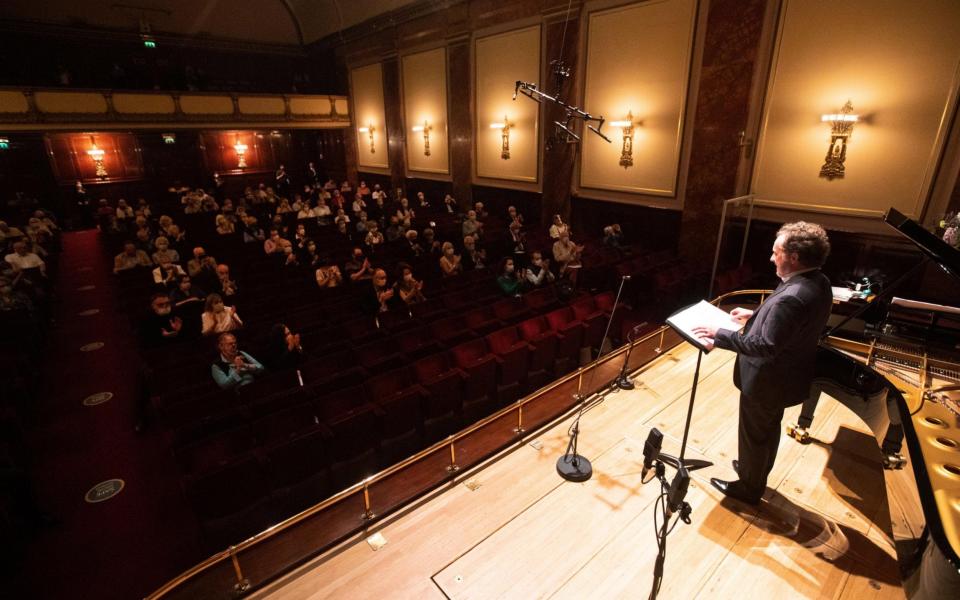 Baritone Christian Gerhaher and pianist Gerold Huber perform to a reduced but 'real' audience at the Wigmore Hall  - PA