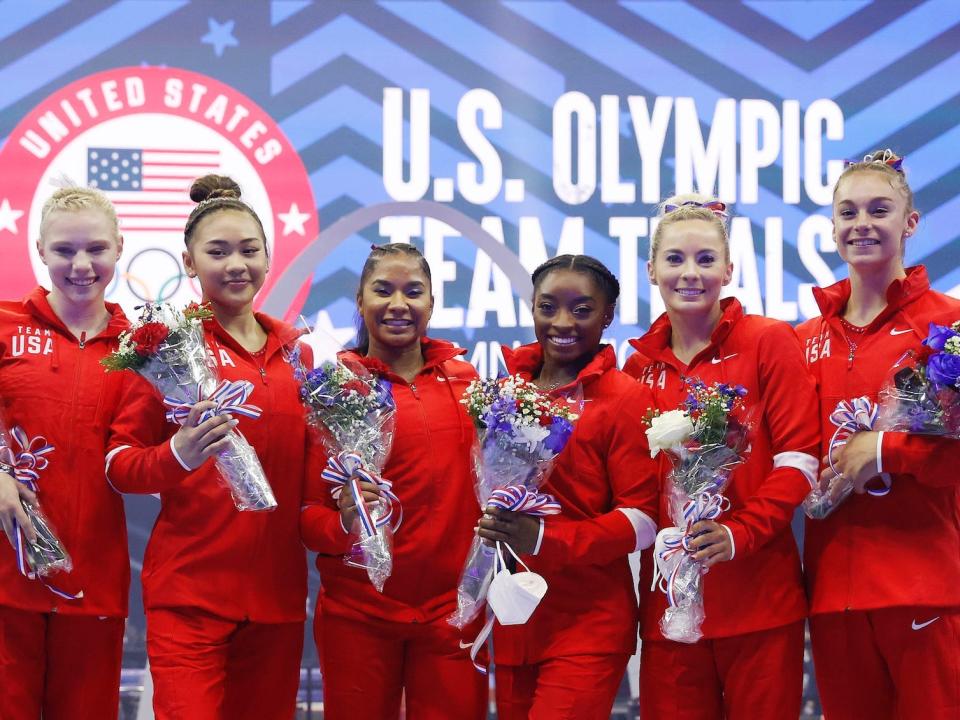 The women who will represent USA Gymnastics at the Olympics: Jade Carey, Sunisa Lee, Jordan Chiles, Simone Biles, Mykayla Skinner, and Grace McCallum.