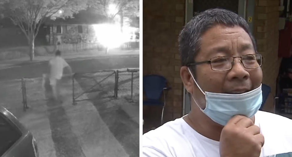 Neighbour Edwin running towards the fire (left) and a close up of Edwin speaking on camera (right).