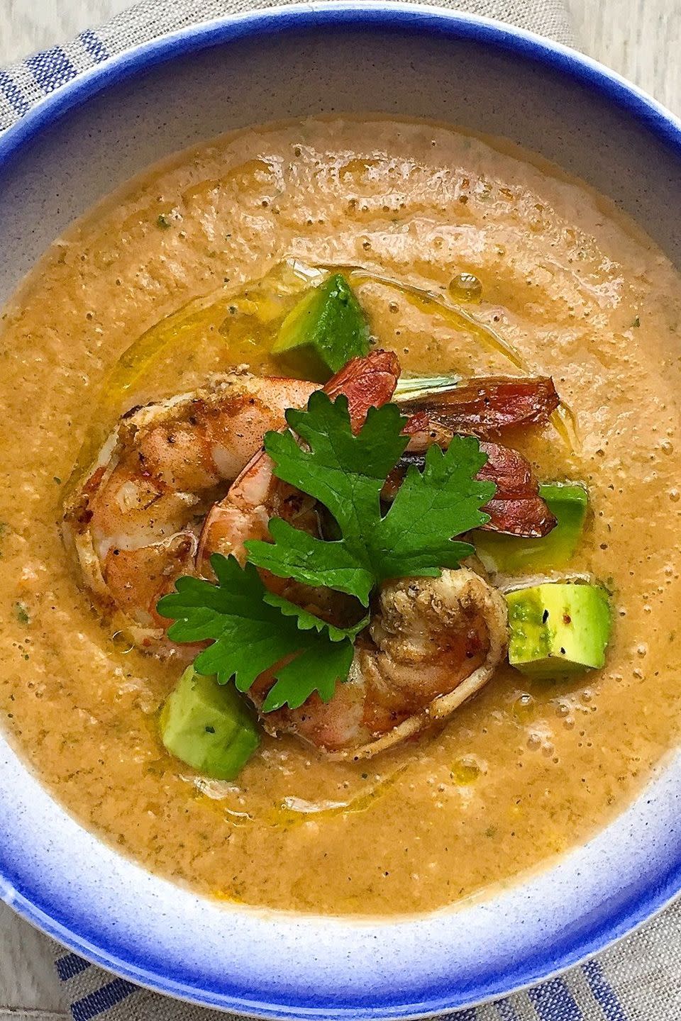 Tomato Gazpacho with Avocado and Grilled Shrimp