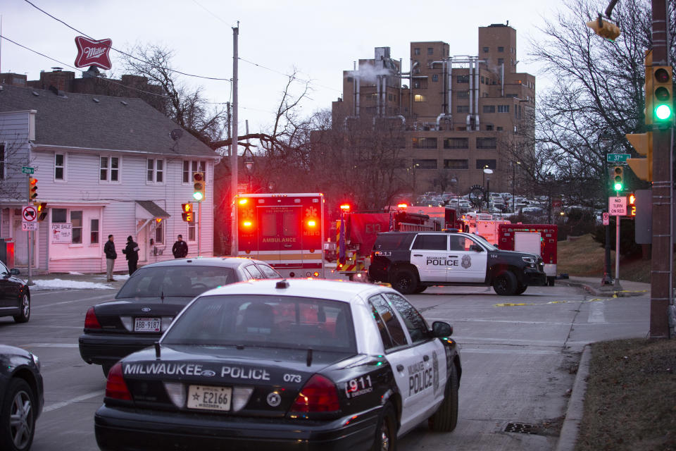 MILWAUKEE, WISCONSIN - FEBRUARY 26: Emergency personnel work the scene of a shooting at the Molson Coors Brewing Co. campus on February 26, 2020 in Milwaukee, Wisconsin. Six people, including the gunman, were reportedly killed when an ex-employee opened fire at the MillerCoors building on Wednesday. (Photo by Nuccio DiNuzzo/Getty Images)