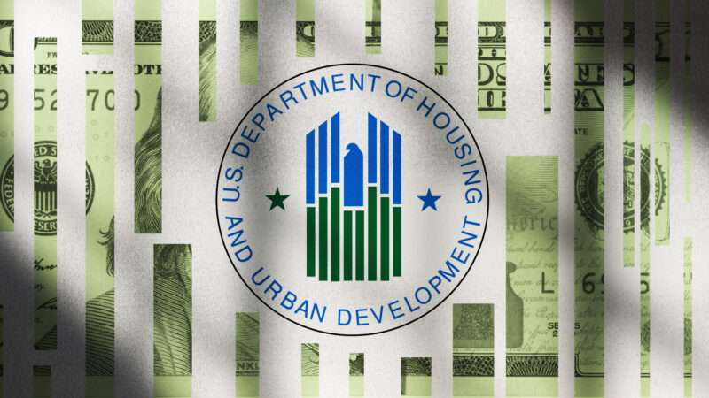 The logo of the federal Department of Housing and Urban Development surrounded by a $100 bill that looks like it's gone through a shredder.