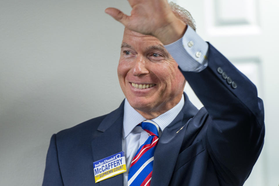 Democrat Dan McCaffery, who is running for a seat on the state Supreme Court is introduced at a campaign rally and appearance by Pennsylvania Gov. Josh Shapiro in Newtown, Pa., Tuesday, Nov. 7, 2023 (Tom Gralish/The Philadelphia Inquirer via AP)