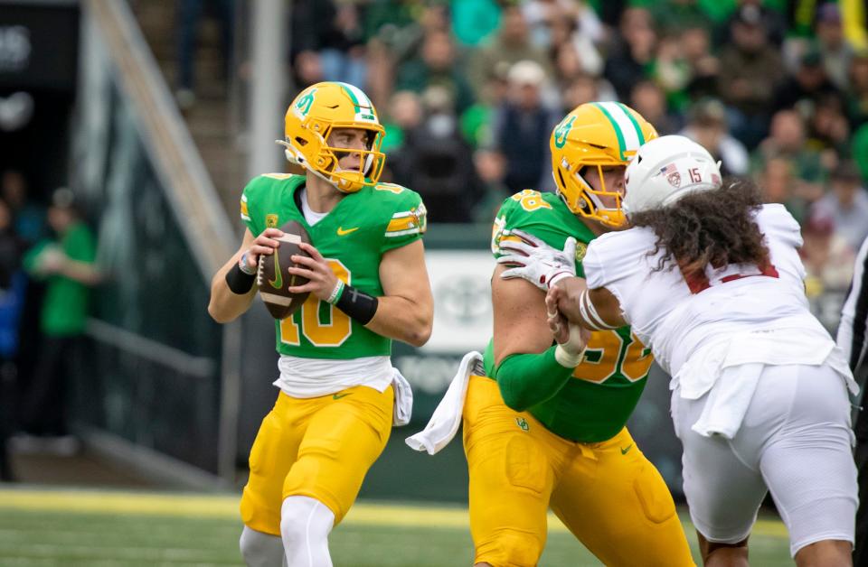 Oregon quarterback Bo Nix looks to pass as the No. 9 Oregon Ducks host Washington State Saturday, Oct. 21, 2023, at Autzen Stadium in Eugene, Ore.