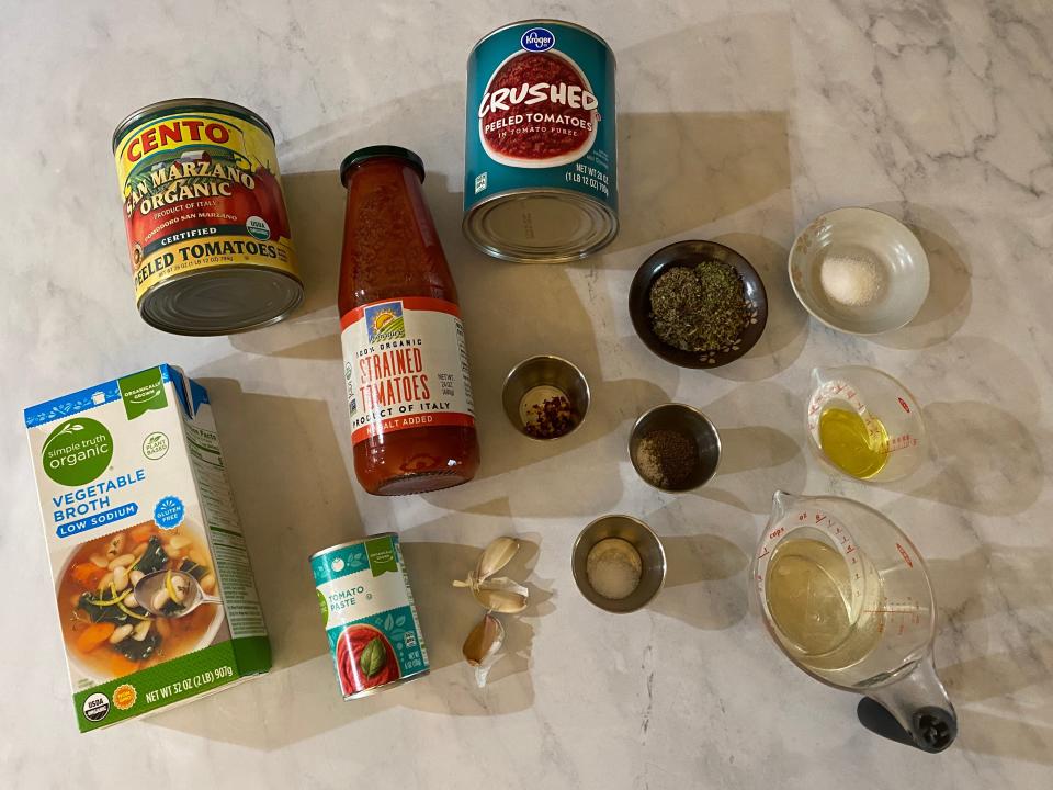 ingredients for 48 hour marinara on a counter