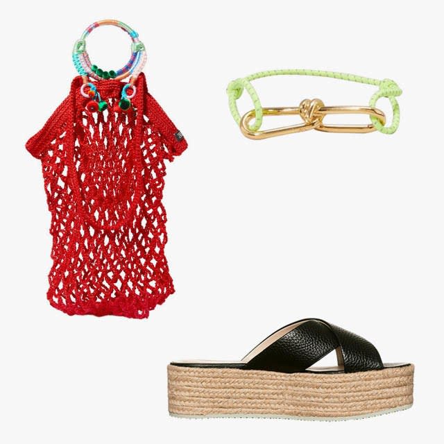 Nannacay fishnet pompom-embellished macramré tote, $140, net-a-porter.com; Annelise Michelson wire cord bracelet, $150, 24s.com; Fabiana Filippi cross strap platform sandals, $415, farfetch.com