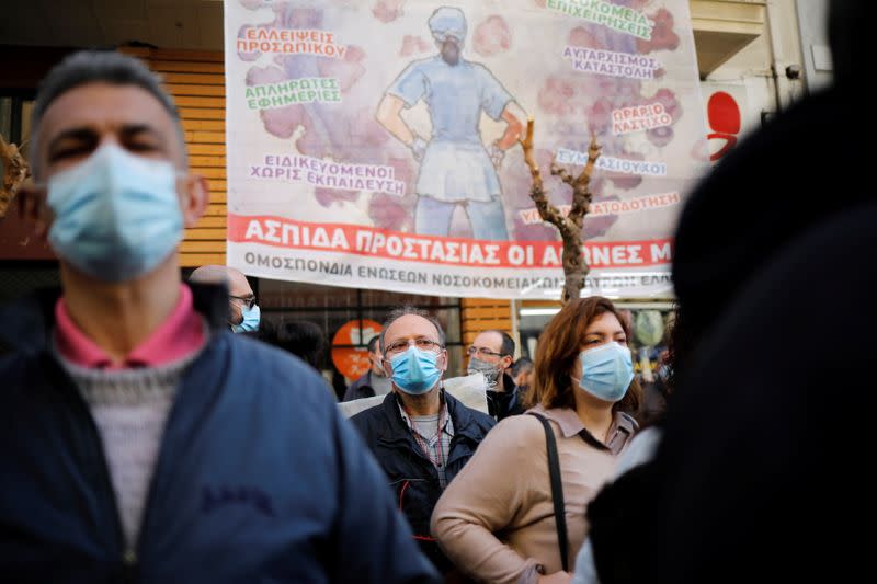 Greek hospital doctors and staff take part in a demonstration against a lack of intensive care units at public hospitals, in Athens