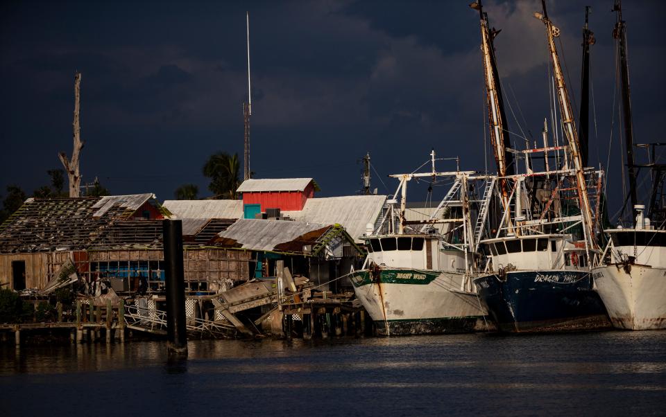 Trico Shrimp on Fort Myers Beach sits dormant on Monday, June 3, 2024. The building was destroyed during Hurricane Ian in September 2022.