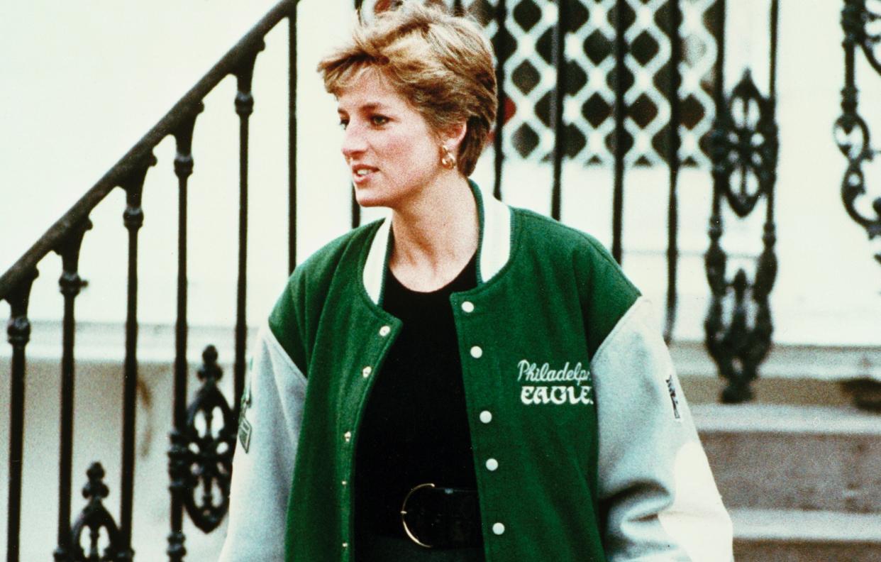 Princess Diana wore her Philadelphia Eagles jacket with blue jeans and black dresses. (AP)