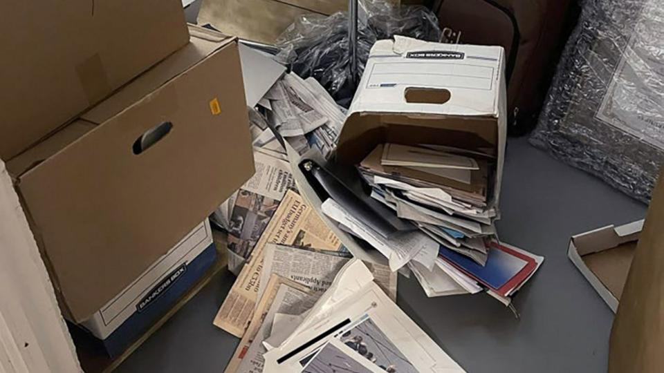 PHOTO: A photo contained in the indictment released on June 9, 2023, from the U.S. Southern District of Florida, shows boxes of potentially sensitive documents that were found at Mar-a-Lago in Palm Beach, Fla. (DOJ via US Southern District of Florida)