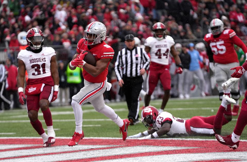 Nov 12, 2022; Columbus, Ohio, USA; Ohio State Buckeyes running back Dallan Hayden (5) runs in a touchdown in the second quarter of their NCAA Division I football game between the Ohio State Buckeyes and the Indiana Hoosiers at Ohio Stadium. Mandatory Credit: Brooke LaValley-The Columbus Dispatch