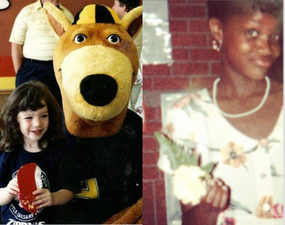Left: Julia at 4&nbsp;years old with The University of Akron mascot, Zippy the Kangaroo; Right: Brianna at her fifth-grade graduation. (Photo: Julia/Brianna)