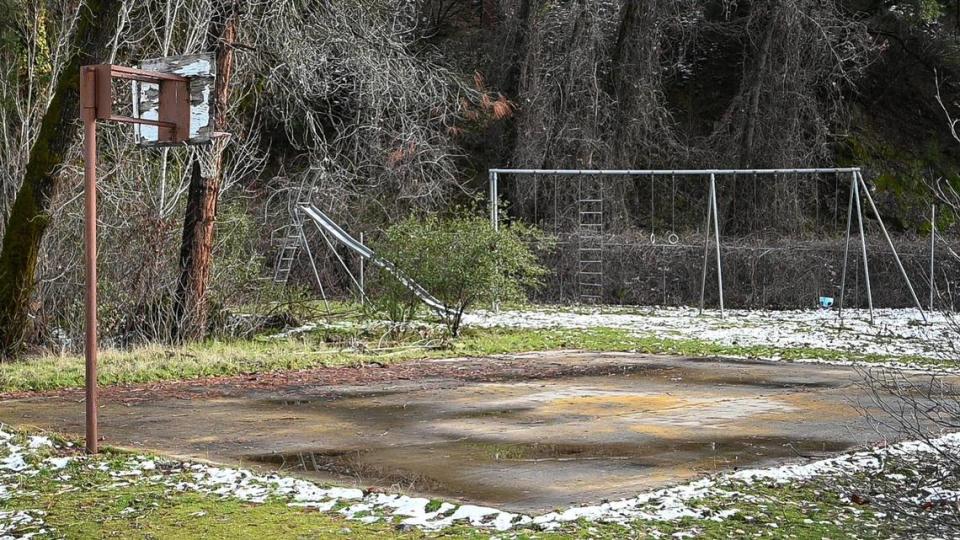 An old playground stands near the edge of the El Portal Trailer Park near Yosemite on Tuesday, Dec. 28, 2021. At one time, kids of employees were abundant in the trailer park, but now only older residents remain.