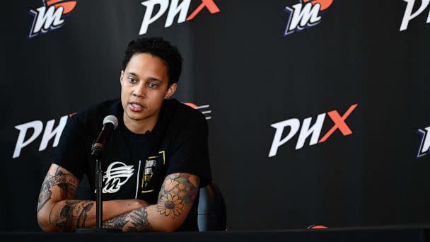 PHOTO: Basketball player Brittney Griner, of the Phoenix Mercury, speaks during a news conference at the Footprint Center in Phoenix, April 27, 2023. (Patrick T. Fallon/AFP via Getty Images)