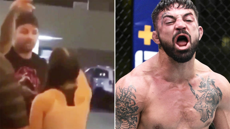 A 50-50 split image shows UFC fighter Mike Perry arguing with bar patrons on the left, and celebrating a UFC victory on the right.