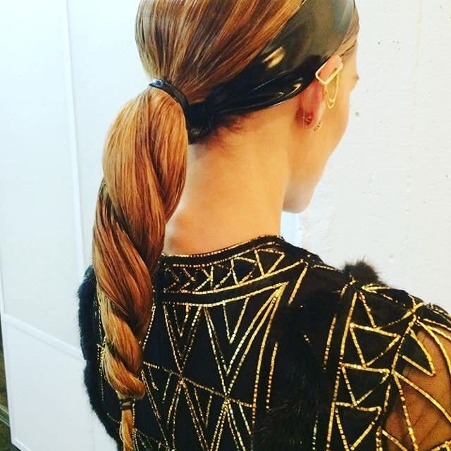 To offset the romantic feel of her Valentino gown, Palermo's hairstylist Lacy Redway chose&nbsp;this rope braid with a custom latex headband. <i>She applied <a href="http://www.randco.com/chiffon-styling-mousse.html" target="_blank">R+Co Chiffon Styling Mousse</a> to the socialite's center-parted hair and used a paddle brush to smooth her strands down. Redway secured the braid with a <a href="http://www.hairbungee.com/" target="_blank">Bungee</a> band and cut a piece of latex to fit around Palermo's head before tying it into a knot at the nape.&nbsp;</i>